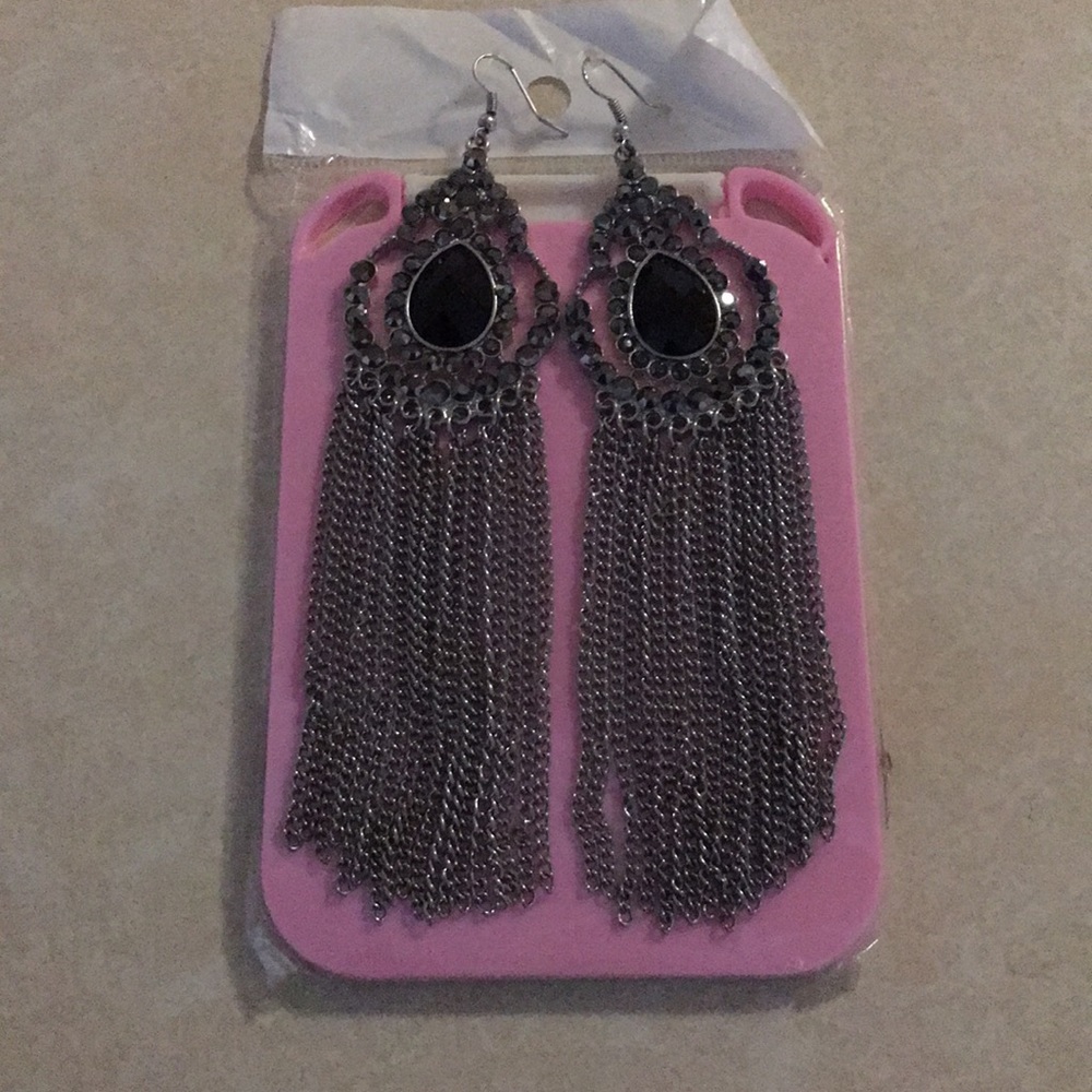 Faux Silver & Black Onyx Chandelier Earrings